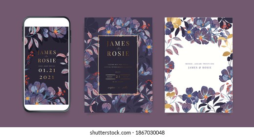 Luxury violet Social Media Wedding invite frame templates. Vector background. Mockup for social media banner. mobile Floral golden collage layout design.