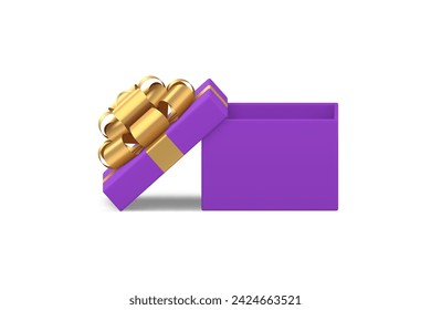 Luxury violet squared open gift box with golden bow ribbon 3d icon realistic vector illustration. Premium elegant wrapped package for festive holiday present birthday Valentine Christmas celebrate