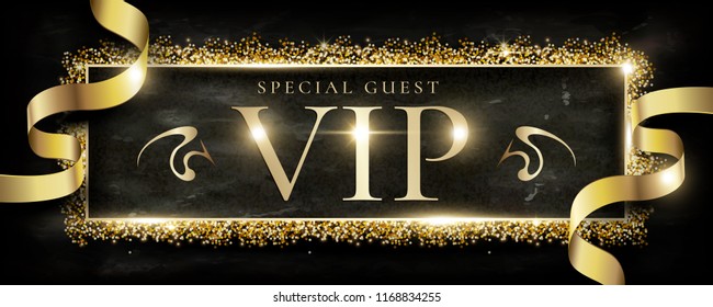 Luxury VIP Banner Design, Glitter Golden   Dust Frame With Golden Ribbon, Black Marble Background.