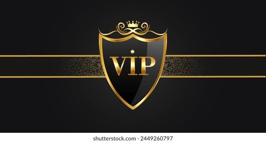 Luxury VIP card. A golden shield with text and glitter elements.