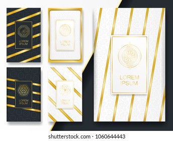 Luxury Vip Gold Black and White Covers Set. Shape Circle Vintage Arabic Ornament. Can be Used for Package, Banners, flyers or web. Luxury Abstract Minimal Copper Pattern. Vector Illustration. EPS 10.