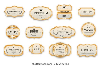 Luxury VIP golden labels, premium tags and award seals, quality stamps and stickers, vector set. Shiny golden VIP badges for premium quality wreath ribbon, star and royal crown for VIP certificate