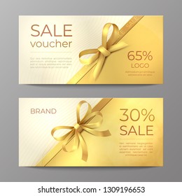 Luxury Voucher Card. Golden Ribbon Certificate, Elegant Celebration Coupon, Discount Promotion Flyer. Realistic Vector Sale Mockup