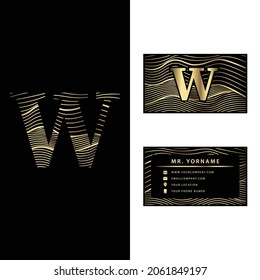 Luxury W vector logotype with business card template. 
Premium letter W logo with golden wave line style. 
Elegant corporate identity.