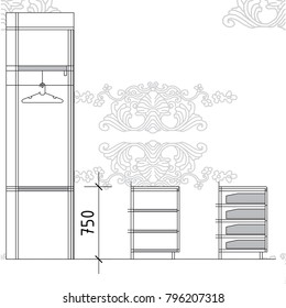 Luxury Walk in closet section architecture  vintage classic luxury patten wallpaper coat hanger in princess closet room