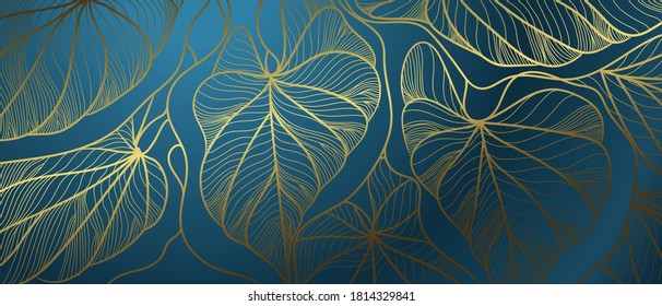 Luxury wall art background. Tropical line arts hand draw gold exotic floral and leaves. Design for packaging design, social media post, cover, banner, Gold geometric pattern design vector