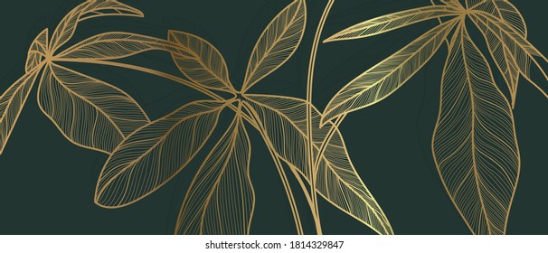 Lujo en la pared de fondo de arte. Las artes tropicales dibujan mano oro floral exótica y hojas. Diseño para el diseño de embalajes, publicación en redes sociales, portada, banner, Vector de diseño de patrones geométricos de oro