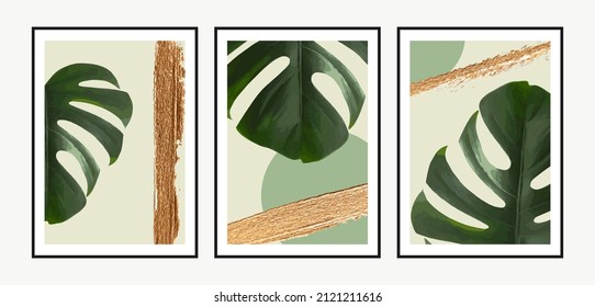 Luxury wall art collection. Realistic Monstera leaf and golden abstract shapes