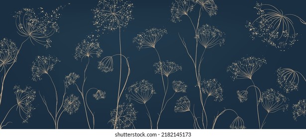 Luxury wallpaper in dark blue color with flowers and grass in golden art line style. Hand drawn botanical background for decoration banner, print, decor, interior design