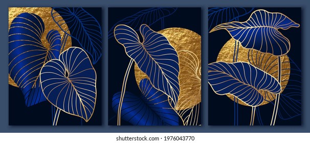 Luxury wallpaper with dark blue and gold texture. Golden sun, moon and line art exotic leaves. Composition for wall print, fresco, cover, packaging.