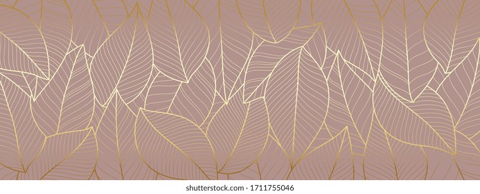 Luxury wallpaper design with Gold leaf and natural background. Leaves line arts design for fabric, prints and background texture, Vector illustration.