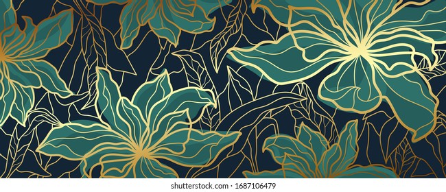 Luxury wallpaper design with Golden floral and natural background. Lotus line arts design for fabric, prints and background texture, Vector illustration.