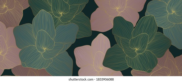 Luxury wallpaper design with Golden floral and natural background. Lotus line arts design for fabric, prints and background texture, Vector illustration.