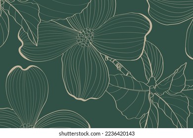 Diseño de papel pintado de lujo con flores doradas y fondo natural. Diseño de líneas tropicales para el arte de la pared, tejidos, impresiones y textura de fondo, ilustración.