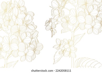 Luxury wallpaper design with golden hydrangea flower and natural background. Line design for wall art, fabrics, prints and background texture, illustration.