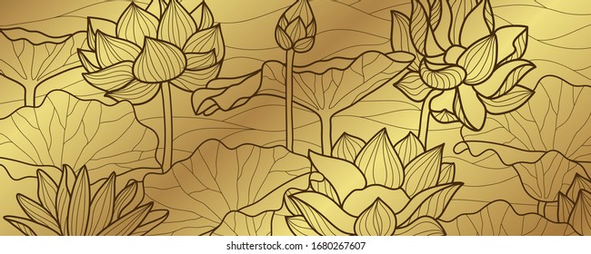 Luxury wallpaper design with Golden lotus and natural background. Lotus line arts design for fabric, prints and background texture, Vector illustration.