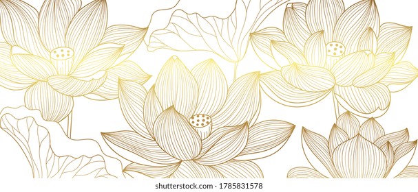 Luxury wallpaper design with Golden lotus and natural background. Lotus line arts design for fabric, prints and background texture, Vector illustration.