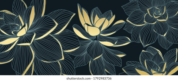 Luxury wallpaper design with Golden lotus and natural background. Lotus line arts design for fabric, prints and background texture, Vector illustration.