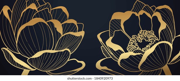 Luxury wallpaper design with Golden lotus and natural background. Lotus line arts design for fabric, prints and background texture, Vector illustration.