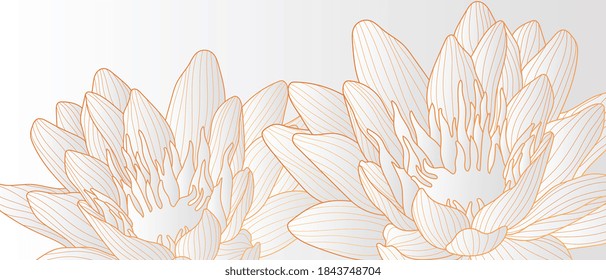 Luxury wallpaper design with Golden lotus and natural background. Lotus line arts design for fabric, prints and background texture, Vector illustration.