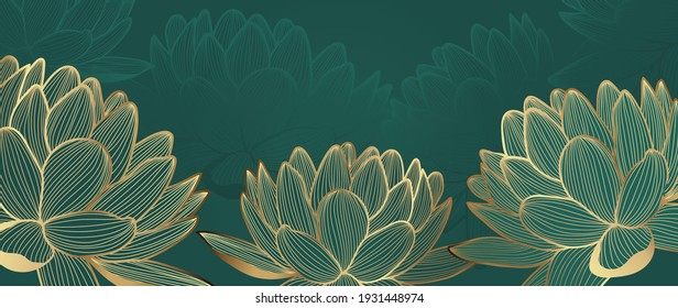Luxury wallpaper design with Golden lotus and green natural background. Lotus line arts design for fabric, prints and background texture, Vector illustration.