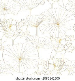 Luxury wallpaper design with Golden lotus with leaves. Lotus line arts design for wall arts, fabric, prints and background texture.