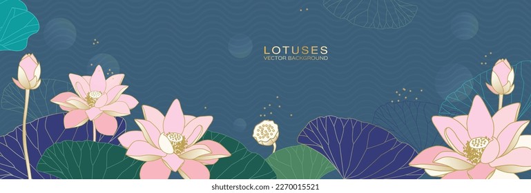 Luxury wallpaper design with Golden lotus or water lily or nelum mal and green leaves, natural wall art. Lotus line arts design for fabric, prints and background texture, Vector illustration.