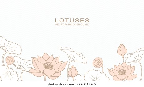 Luxury wallpaper design with Golden lotus or water lily or nelum mal and green leaves, natural wall art. Lotus line arts design for fabric, prints and background texture, Vector illustration.