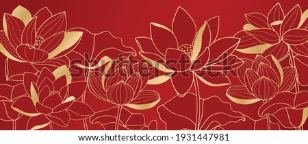 Luxury wallpaper design with Golden lotus on red background. Lotus line arts design for fabric, prints and background texture, Vector illustration.