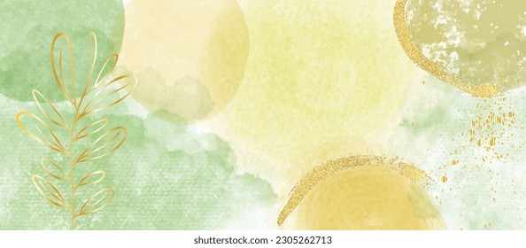 Luxury wallpaper design with green, yellow splash, line art, golden texture. Vector watercolor background. Editable