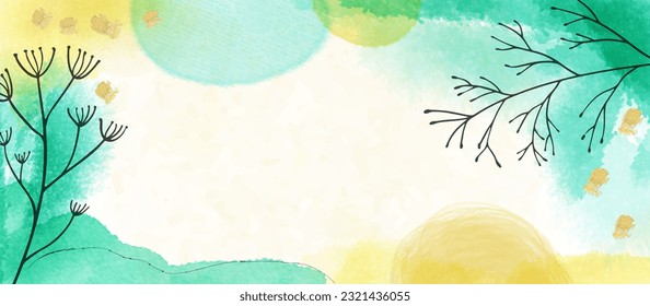 Luxury wallpaper design with green, yellow splash, line art, golden texture, flower, herbal. Vector watercolor background. Editable