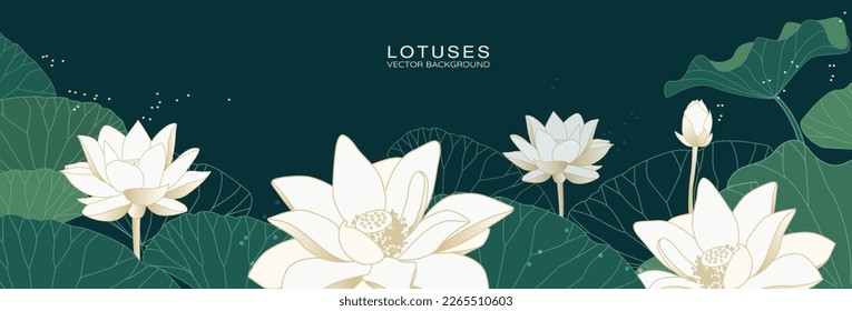 Diseño de papel pintado de lujo con loto o lirio acuático o nelum mal y hojas verdes, arte mural natural. Diseño artístico de línea Lotus para tela, impresiones y textura de fondo, banner. Ilustración vectorial.