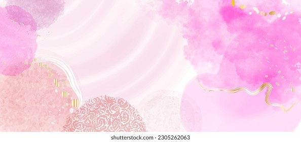 Luxury wallpaper design with pink, purple, bleue splash, line art, golden texture. Vector watercolor background. Editable