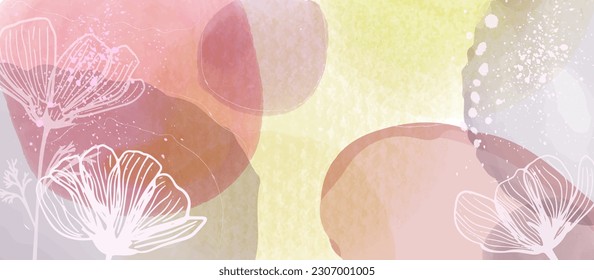 Luxury wallpaper design with pink, yellow splash, line art. Vector watercolor background. Editable
