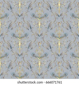 Luxury wallpaper with golden elements. Seamless pattern bg. Classical luxury old ornament, royal victorian seamless texture for wallpapers, textile, wrapping. Exquisite floral baroque template.