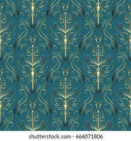 Luxury wallpaper with golden elements. Seamless pattern bg. Classical luxury old ornament, royal victorian seamless texture for wallpapers, textile, wrapping. Exquisite floral baroque template.