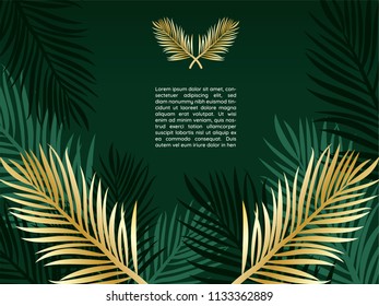 Luxury wallpaper of golden tropical palm leaves on dark green with leaf outlines background. elegant elements with copy space.