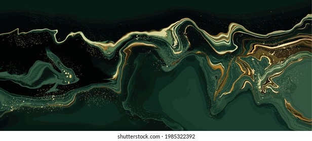 luxury wallpaper. Green marble and gold abstract background texture. Dark green emerald marbling with natural luxury style swirls of marble and gold powder.
