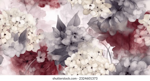 Papel de lujo, motivos místicos sin fisuras, fondo floral vintage. Flores grandes y delgadas, hidrangea, burdeos, beige, gypsophila, hojas grises, luciérnagas mágicas. Acuarela