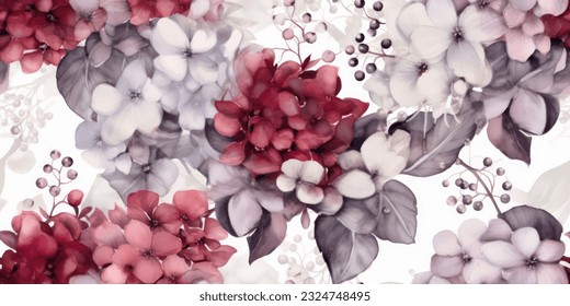 Luxury wallpaper, mystical seamless pattern, vintage floral background. Delicate big flowers, hydrangea, burgundy, beige, gypsophila, gray leaves, magic fireflies. Watercolor