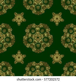 Luxury wallpaper on green. Vector seamless texture in Eastern style. Floral oriental decor. Ornate golden pattern for design. Ornament for invitations, birthday, greeting cards, web pages.