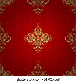 Luxury wallpaper on red. Vector seamless texture in Eastern style. Ornament for invitations, birthday, greeting cards, web pages. Floral oriental decor. Ornate golden pattern for design.