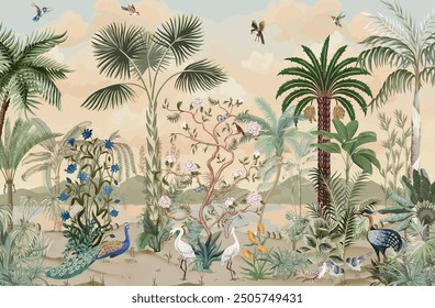 Luxury Wallpapers for Premium Homes, Brand Stores and Hotels, Wall Mural Illustration, Birds, Animals, Watercolor Background.