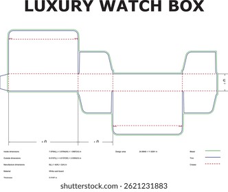 Plantilla de diseño de empaquetado de caja de reloj de lujo con dimensiones para diseño troquelado sobre fondo blanco