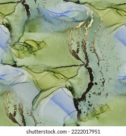 Luxury Water Color Marble. Green Oriental Background. Shiny Alcohol Ink Watercolor. Gold Art Paint. Blue Alcohol Ink Marble. Foil Marble Watercolor. Fluid Elegant Texture. Luxury Seamless Painting.