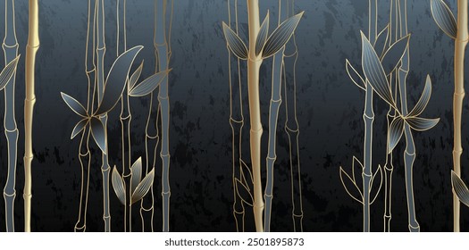 Luxury watercolor art background with golden bamboo leaves in line art style. Hand drawn Botanical abstract blue banner for decoration, print, wallpaper, textile, interior design.