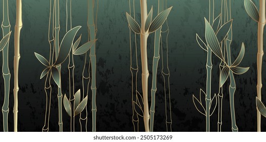 Luxury watercolor art background with golden bamboo leaves in line art style. Botanical abstract green banner for print, decoration, wallpaper, textile, interior design.