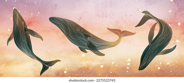 Luxury watercolor art background with whales in gold artline style in pink sunset. Animal hand drawn background for decoration, print, textile, wallpaper, interior design, invitations.