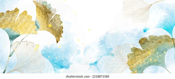 Luxury watercolor blue art background with ginkgo leaves in gold line art style. Botanical banner for wallpaper design, decor, print, textile, packaging, invitations,, interior design.