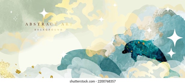 Luxury watercolor ocean background vector. Elegant abstract wallpaper design with sparkle shapes, stars, sea waves, group of dolphins. Golden painting illustration for wall art , print, decorative.